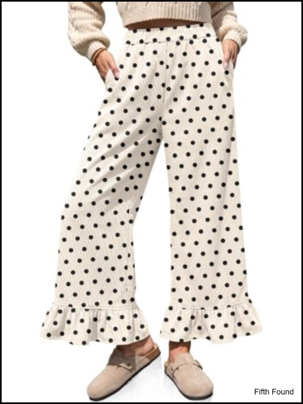 Women's Corduroy Pants Wide Leg Flare Polka Dot Ruffle Hem Pull On